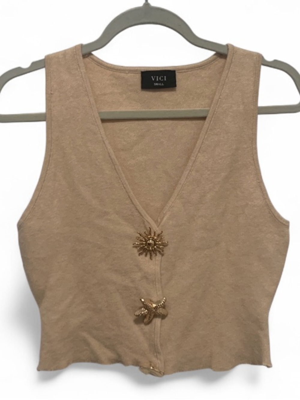 VICI Beige Knit V-Neck Tank with Gold Decorative Buttons